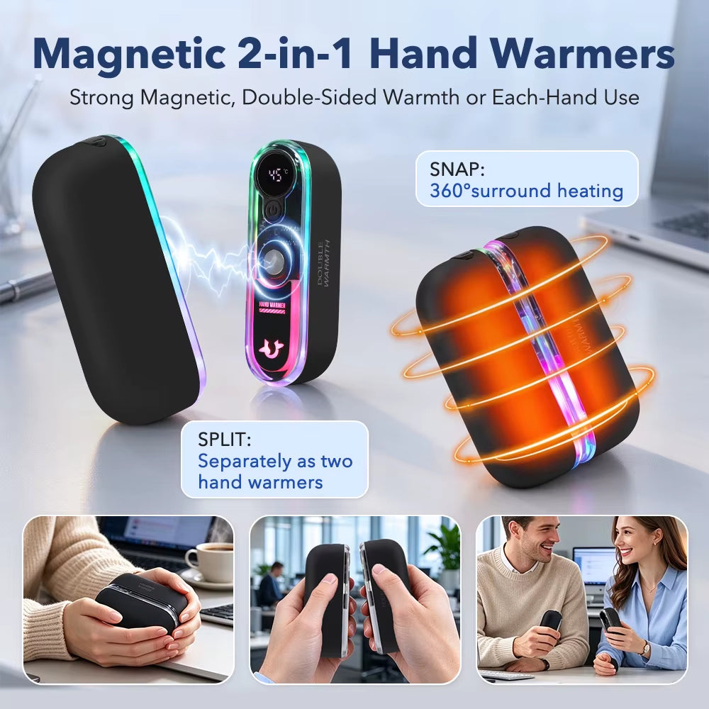 Magnetic Hand Warmer 6000Mah Rechargeable Electric Hand Warmer 4 Levels Double-Sided Heating Pocket Heater for Outdoor Camping